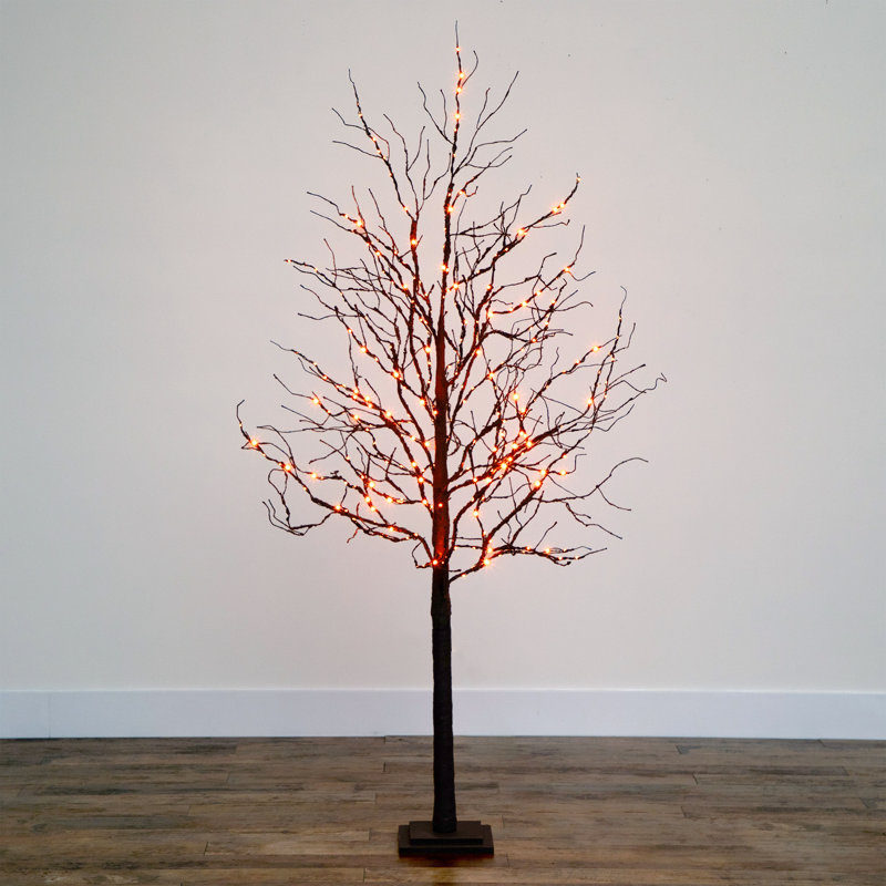 Primrue 6ft. Pre Lit Halloween Deluxe Black Twig Artificial Fall Tree with 156 Orange and Purple LED Lights Wayfair